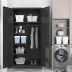Yizosh Metal Armoire Wardrobe Closet Cabinet for Hanging Clothes with Lock Doors, -72" Steel Lockable Wardrobe Storage Locker Clothes Organizer for Bedroom, Laundry Room (Black)