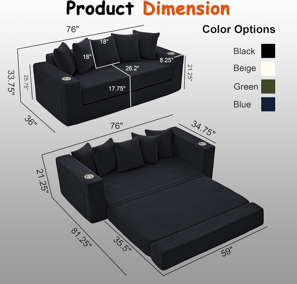 76" Convertible Sofa Bed, Corduroy Couch with Cup Holders & Pocket | 2-in-1 Sleeper Sofa, Pull-out Couch Bed with 5 Pillows, Living Room, Small Spaces, Bedroom, No Assembly