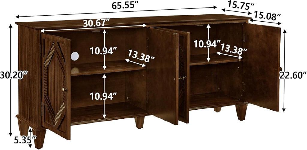 KEIKI 65.2" Mid Century Modern Sideboard Buffet Cabinet with Storage, Walnut Credenza Console Table with Adjustable Shelf, Farmhouse Coffee Bar Wine Cabinet for Living Room, Entryway, Kitchen, Walnut