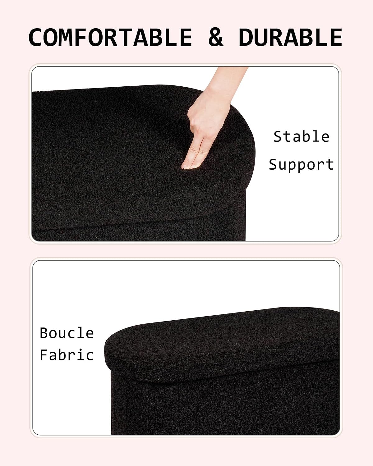 30" Oval Foldable Ottoman with Storage, Teddy Boucle Fabric Footrest, Storage Bench for Living Room, Bedroom, Entryway, Dorm, Black