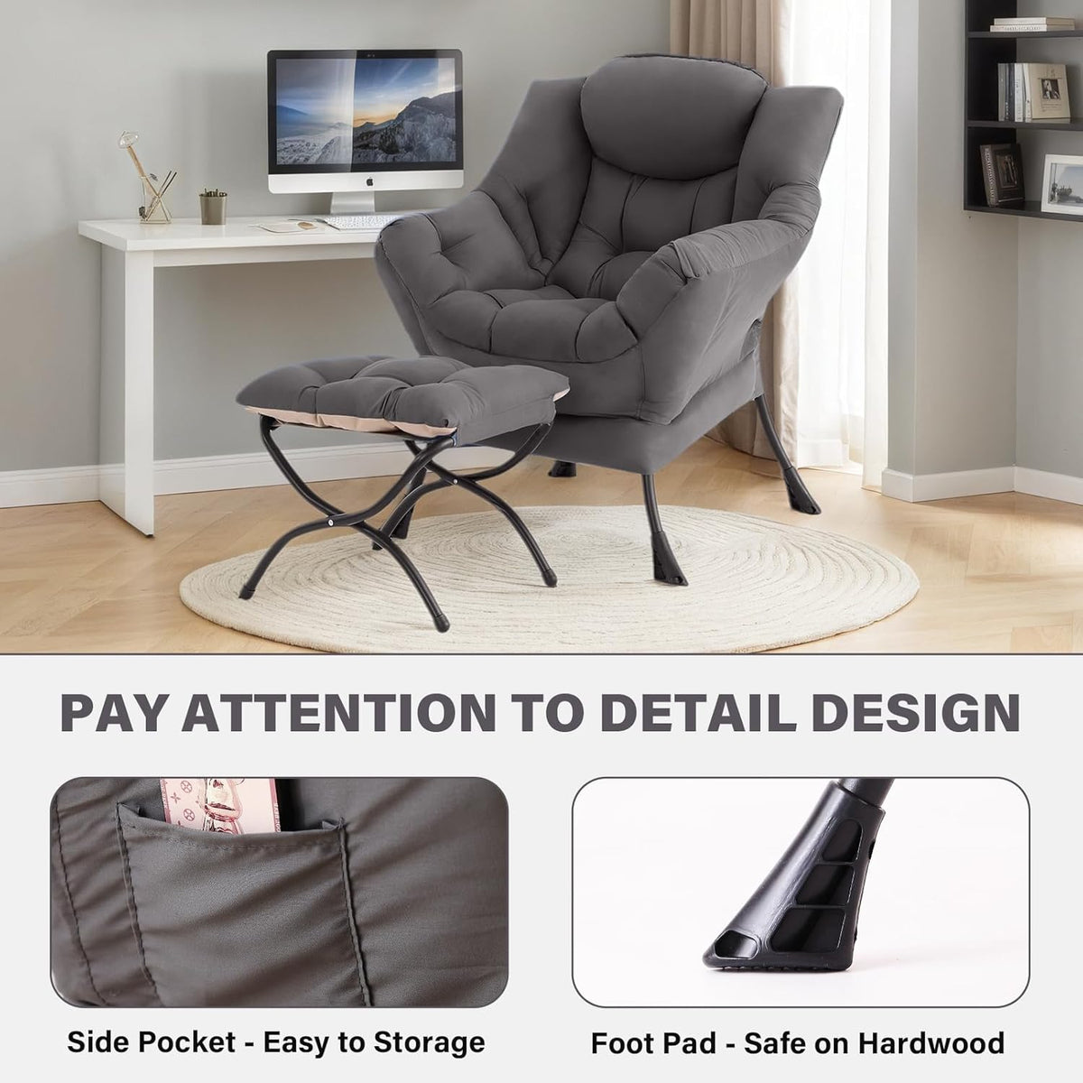 Tiita Lazy Chair with Ottoman, Comfy Reading Accent Chair, Dark Grey | Foldable Footrest, Padded Seat and Backrest, Side Pocket for Lounging in Living Rooms, Bedrooms, Dorms and Small Spaces