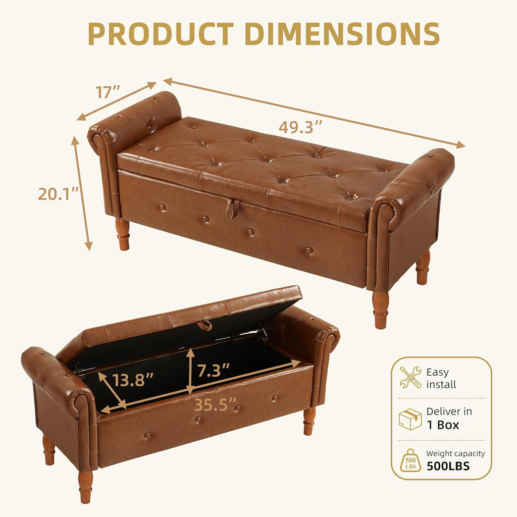 Storage Ottoman Bench, 50" Modern Upholstered End of Bed Bench, Faux Leather Rolled Armed Button-Tufted Ottoman with Storage for Living Room, Entryway, Window, Brown