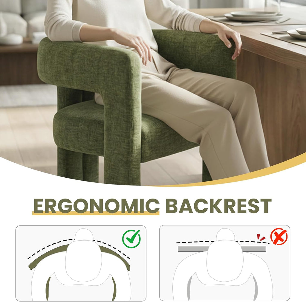 VESCASA Modern Barrel Dining Chairs Set of 2 with Open Back, Chenille Upholstered Accent Kitchen Armchairs with Wood Legs for Dining Room Reception Small Space, Green