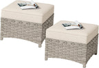 HOOOWOOO 2 Piece Patio Ottoman Set,Outdoor Wicker Ottomans,All Weather Resistant Rattan Deck Ottoman Matching Furniture(Beige Tan)