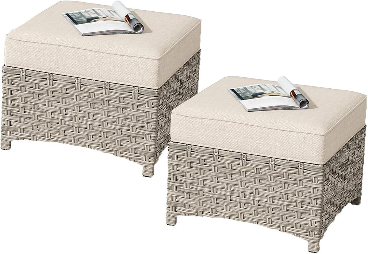 HOOOWOOO 2 Piece Patio Ottoman Set,Outdoor Wicker Ottomans,All Weather Resistant Rattan Deck Ottoman Matching Furniture(Beige Tan)