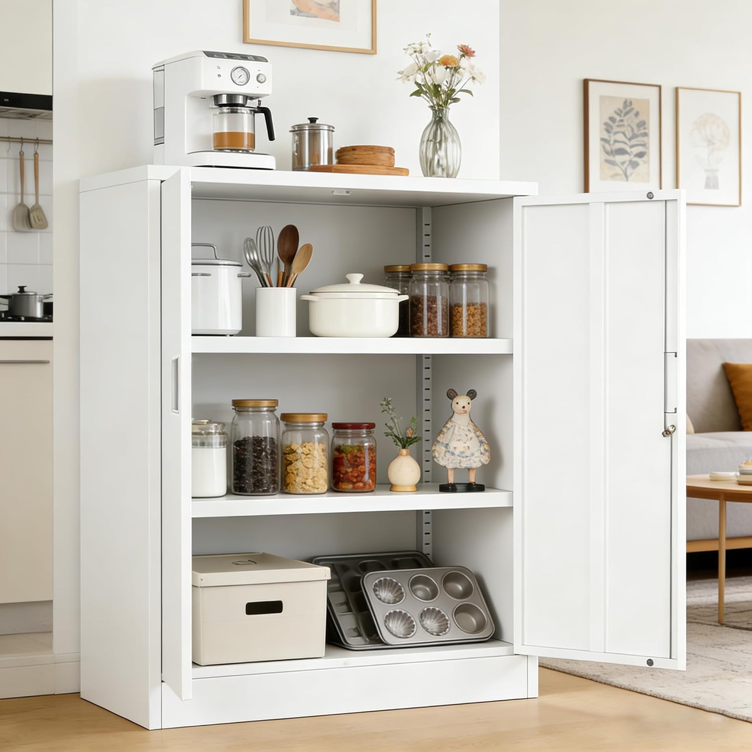CJF Pantry Cabinet, Metal Pantry Storage Cabinets with Doors and 2 Adjustable Shelves, 36" H Locking Cabinet for Kitchen Storage, Home, Garage, Utility Room and Basement, White
