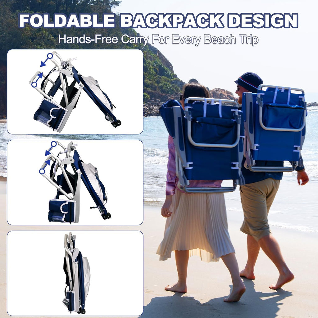 Beach Chair with Umbrella and Canopy Shade, Aluminum Backpack Beach Chairs for Adults, Adjustable Sun Shade, 5 Position Lay Flat, Cooler Bag, Cup Holder, Towel Bar, Navy Blue