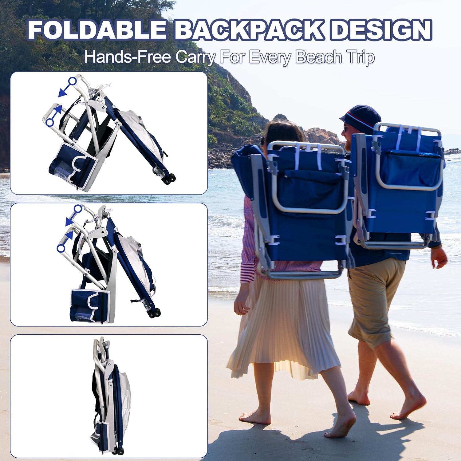 Beach Chair with Umbrella and Canopy Shade, Aluminum Backpack Beach Chairs for Adults, Adjustable Sun Shade, 5 Position Lay Flat, Cooler Bag, Cup Holder, Towel Bar, Navy Blue