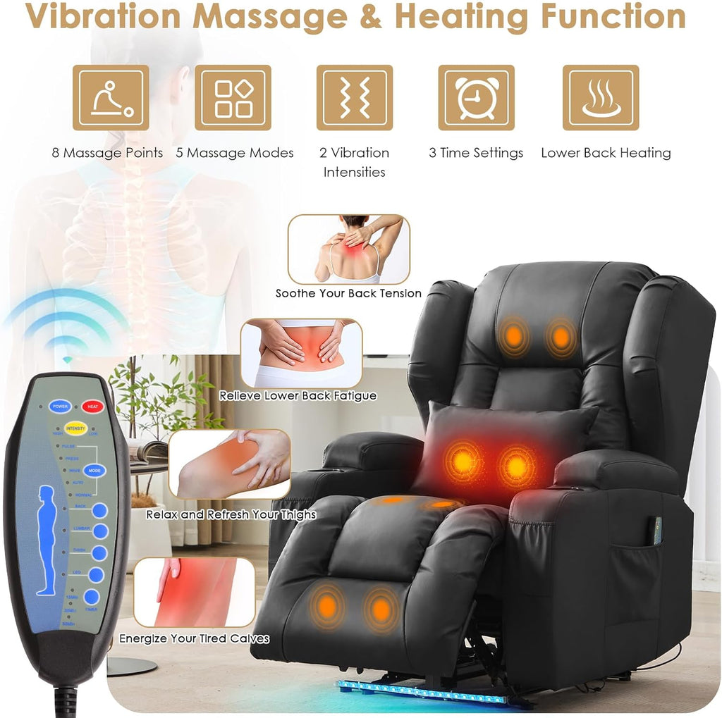 SAMERY Power Recliner Chair, Electric Wall Hugger Recliner Chair Reclining Sofa Home Theater Seating for Living Room with Massage & Heat, USB, LED Lights, Cup Holders, Side Pockets, Lumbar Pillow