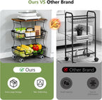 Pantry Floor Organizeron with Wheels, 3 Tier Rolling Fruit Vegetable Basket for Kitchen Stackable Wire Basket Stand for Home Removable Metal Vegetable Rack Wire Snack Cart