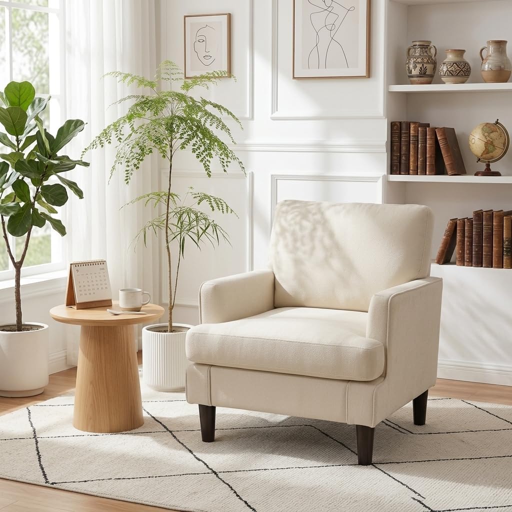 Kromax Accent Chair for Living Room Set of 2, Modern Reading Chair, Beige | Mid-Century Reading Chair for Bedroom, Comfy Upholstered Armchair with Sturdy Legs, Single Sofa Chair for Apartment