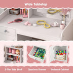 GLACER Kids Vanity, 2-in-1 Wooden Makeup Desk with LED Lighted Mirror, Drawer & Cabinet, Storage Shelves, Princess Dressing Table, Kids Vanity Table and Chair Set for Little Girls Ages 3+ (White)