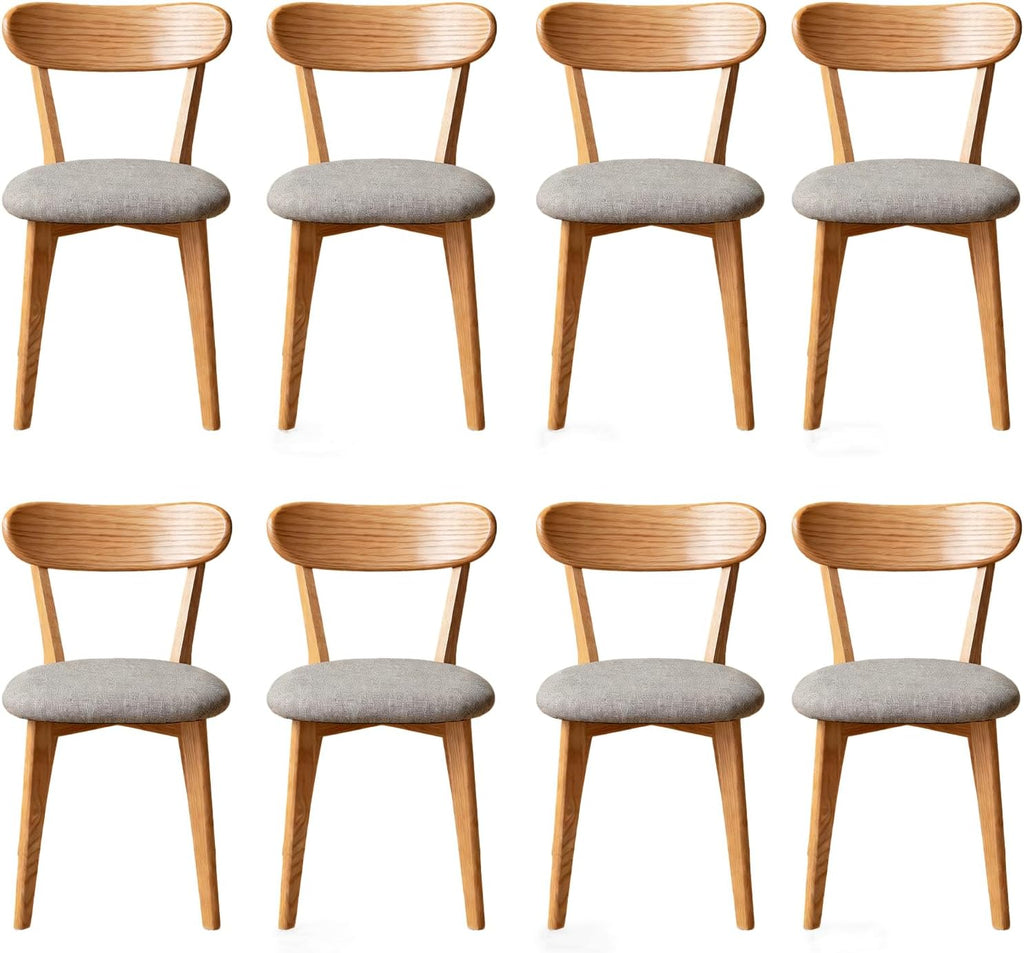Solid Oak Curved Back Dining Chairs Set of 8, Armless, Upholstered Seat, Mid-Century Modern, 400 lbs Capacity for Dining Room, Kitchen & Restaurant