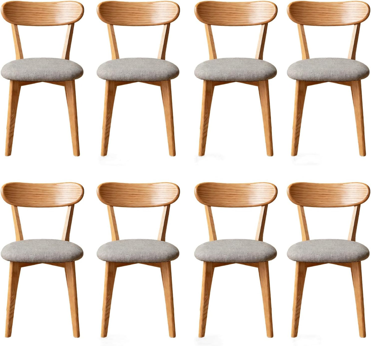 Solid Oak Curved Back Dining Chairs Set of 8, Armless, Upholstered Seat, Mid-Century Modern, 400 lbs Capacity for Dining Room, Kitchen & Restaurant