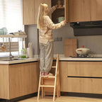 Solid Wood 3-in-1 Folding Ladder Chair, Convertible Step Stool & Display Rack, 4-Tier Multi-Functional Ladder, Dual Purpose for Home, Kitchen, Library, 265 lbs Capacity (Brown)