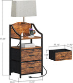 Evermagin 45" Nightstands, Tall Nightstand with Charging Station & Light | Bedside Table with 2 Fabric Drawer & Storage Shelf, End Table with USB Ports and Outlets for Bedroom, Dorm, Rustic Brown