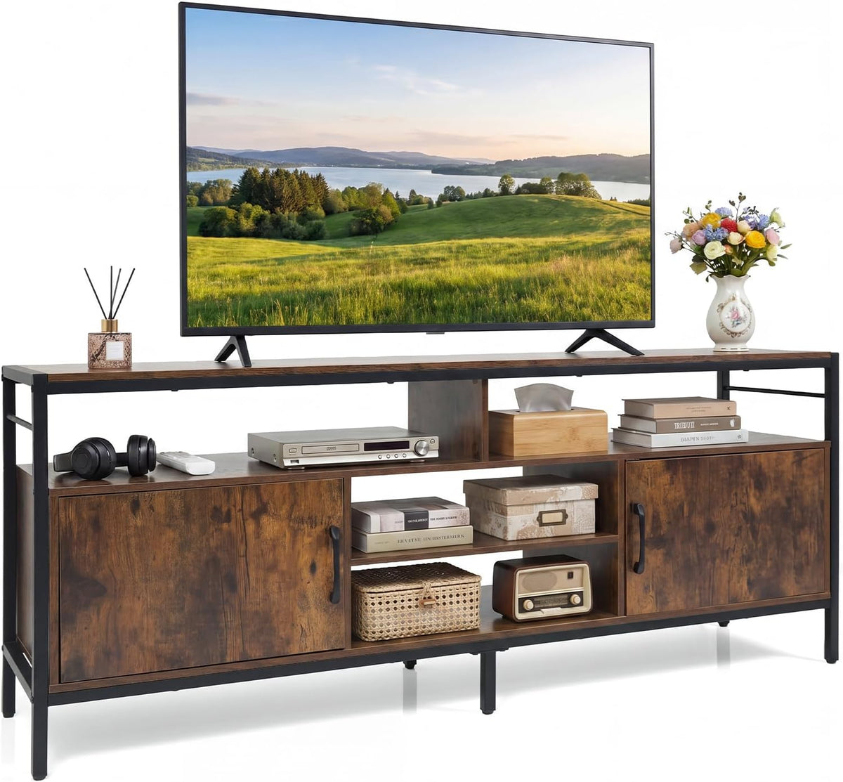 Tangkula Industrial TV Stand for TVs up to 65”, Entertainment Center with 2 Storage Cabinets & 4 Open Shelves, Wooden TV Cabinet with Raised Metal Legs, Media TV Console Table (Backless, Rustic Brown)