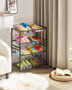 Evermagin 25.2" W Kitchen Storage Cart, 4-Tier Snack Cart with Wheels | Metal Fruit Basket Vegetable Stand, Pantry Storage Organizer with 8 Removable Baskets for Onion Potato, Black