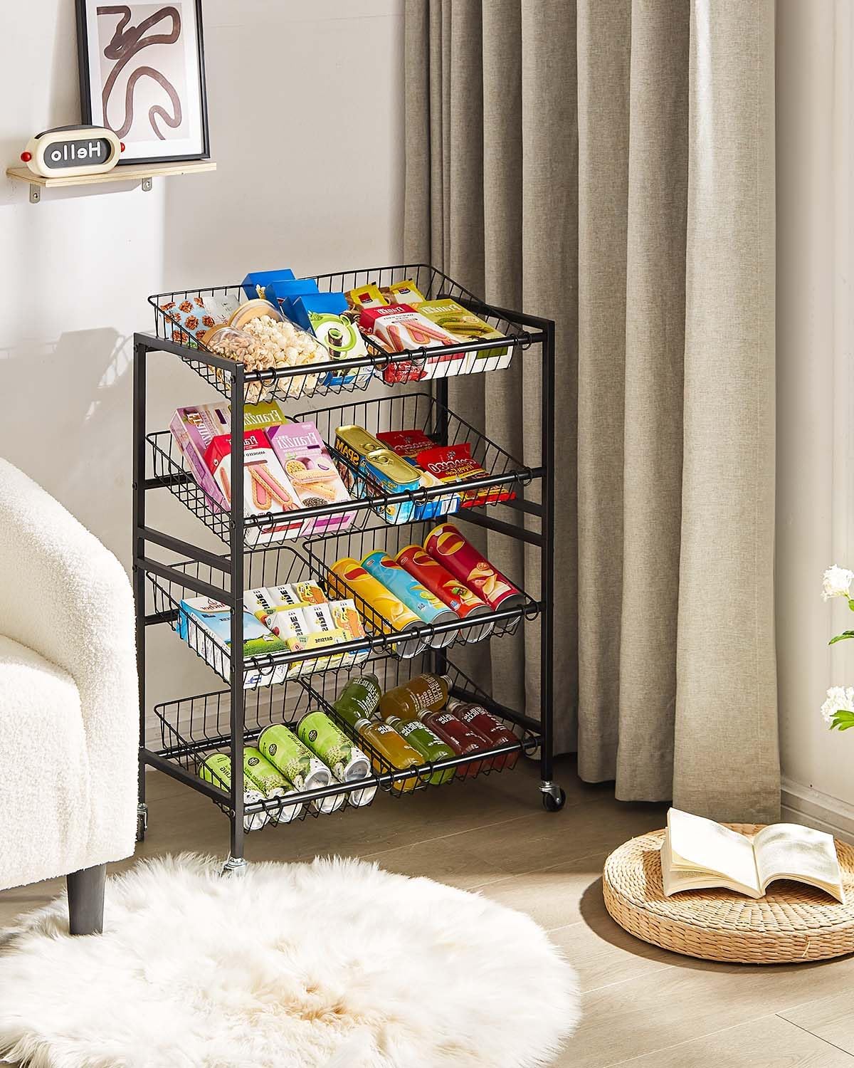 Evermagin 25.2" W Kitchen Storage Cart, 4-Tier Snack Cart with Wheels | Metal Fruit Basket Vegetable Stand, Pantry Storage Organizer with 8 Removable Baskets for Onion Potato, Black