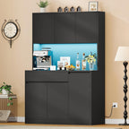 TEENFON Pantry Cabinet with Charging Station and LED Light, Kitchen Pantry Cabinet with Microwave Stand, Kitchen Storage Cabinets with Adjustable Shelves and Door Shelves for Dining Room, Black