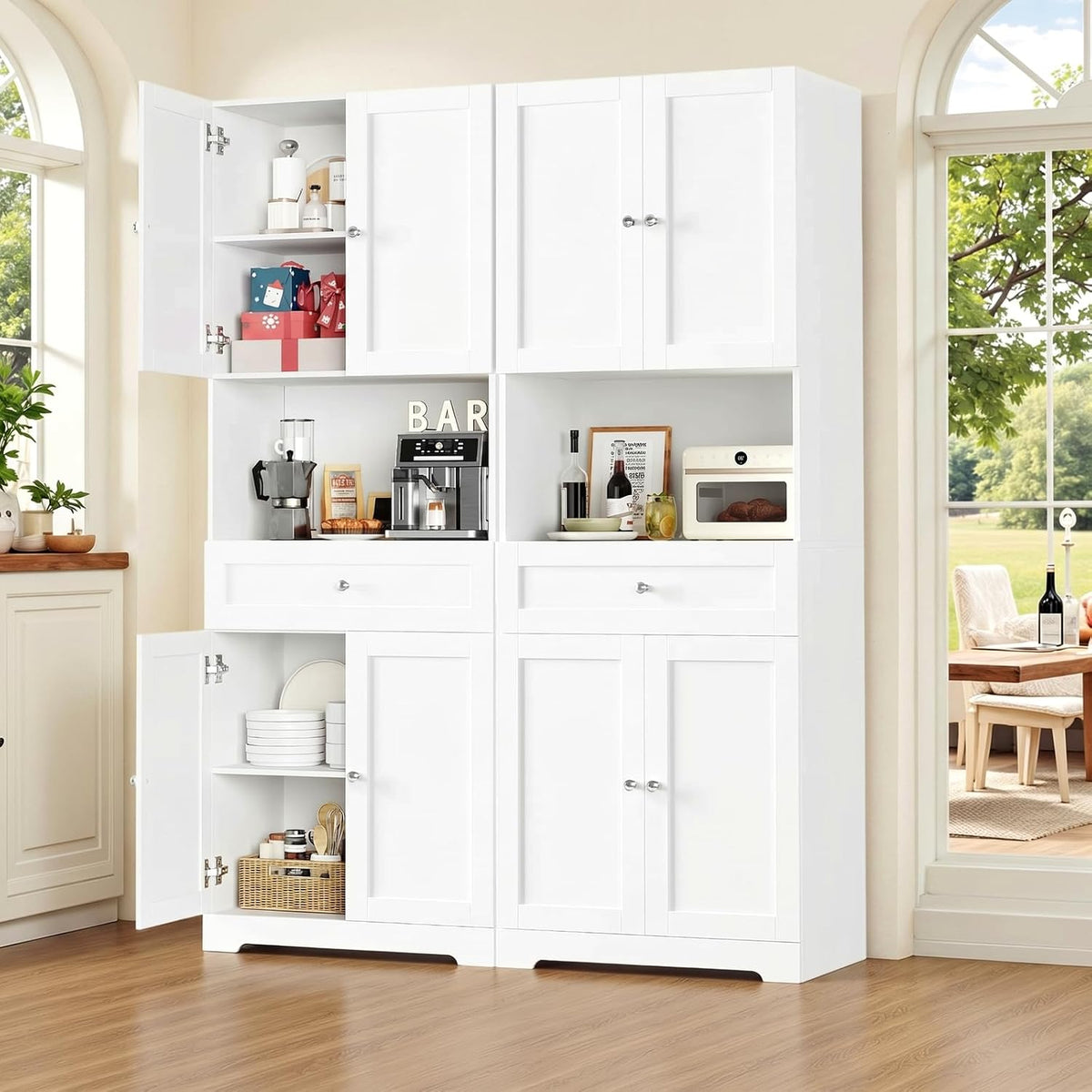 Set of 2 Tall Kitchen Pantry Storage Cabinet with Doors and Shelves, White | Modern Kitchen Hutch Cabinet with Storage Drawer & Bar Cabinet, 67” Cupboard Furniture Set for Kitchen and Dining Living Room