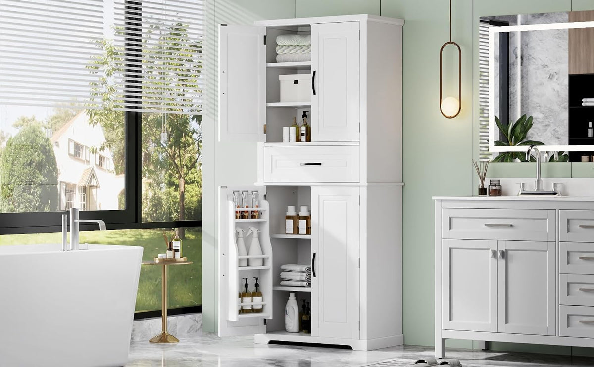 72 Inch Storage Cabinet, Tall Kitchen Pantry Cabinet with Slide Rails Drawer and Adjustable Shelf, Linen Storage Cabinet with Doors and Functional Storage Rack, for Bathroom or Kitchen, White