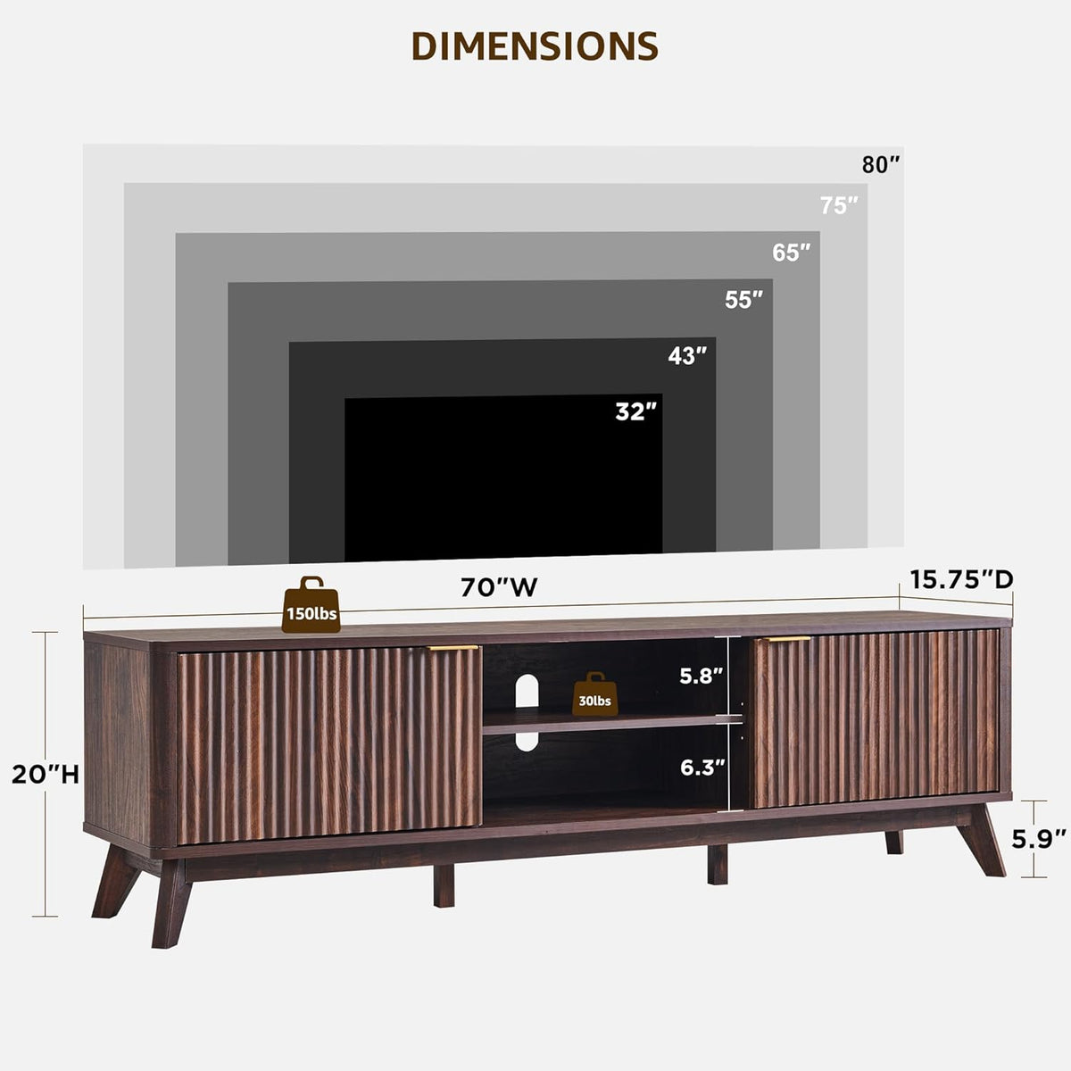 OKD 70" Mid Century Modern Fluted TV Stand w/ 2 Soft Close Door,Dark Walnut | Entertainment Center, Sideboard, Media console for Living Room with Adjustable Shelves