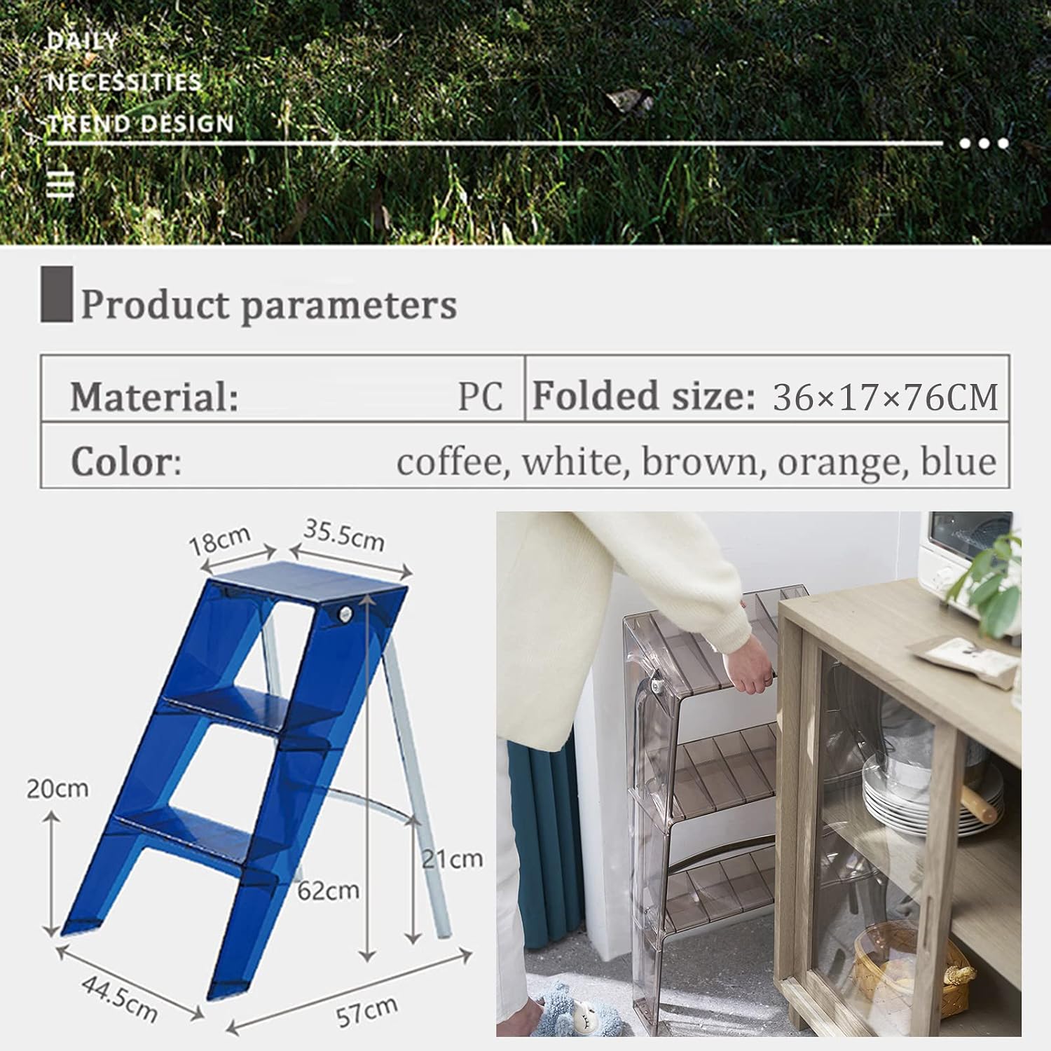 3 Step Ladder Step Stool Transparent Staircase Multi-Functional Folding Acrylic Ladder Stool, Household Muliti-Color Stool Step Ladder Foldable Stepladder for Home and Library 330lbs Capacity