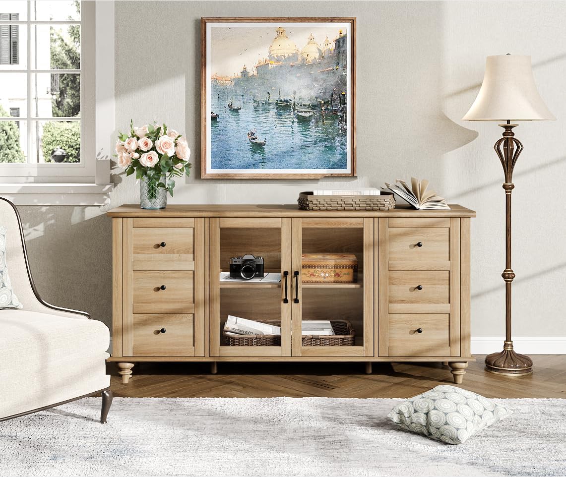 WAMPAT Farmhouse Sideboard Buffet Cabinet with Glass Door & Adjustable Shelf, Wooden Coffee Bar Table with Solid Wood Leg, Kitchen Storage Cabinet for Dining Room, Oak, 58 Inch