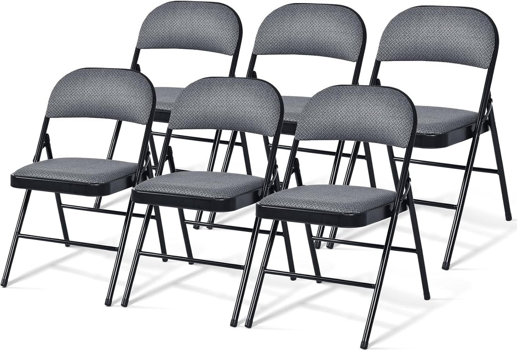 GOFLAME 6 Pack Folding Chairs, Fabric Dining Chair Set with Padded Seat & Metal Frame, Indoor Outdoor Upholstered Commercial Seat for Home Office Events Wedding Party, Grey & Black