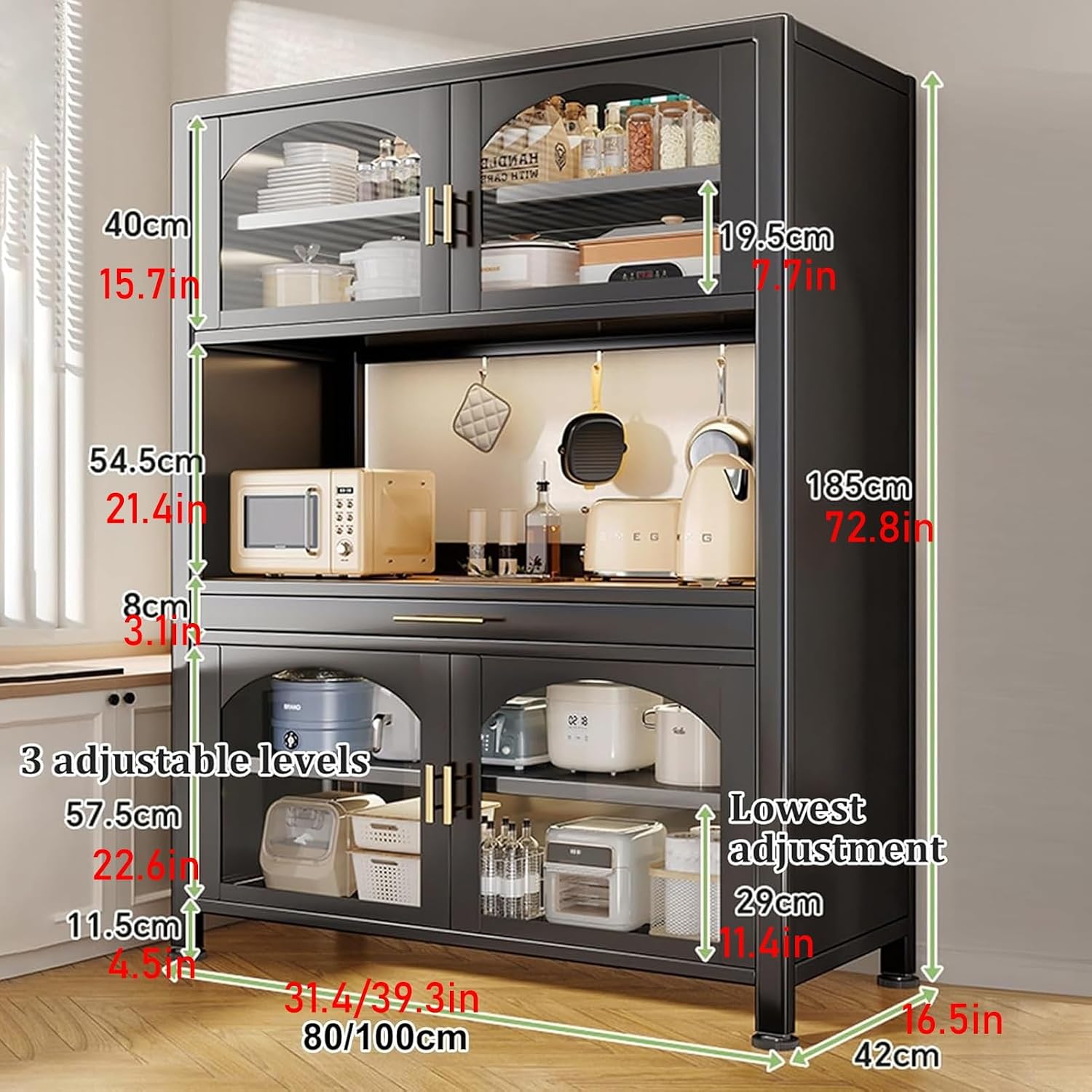 JKGHK Kitchen Pantry Cabinet Buffet with Drawer Storage, 72.8in Microwave Stand with 3 Adjustable Levels, Standing Bakers Racks with Glass Doors, for Dining Room(Black,100cm/39.3in)