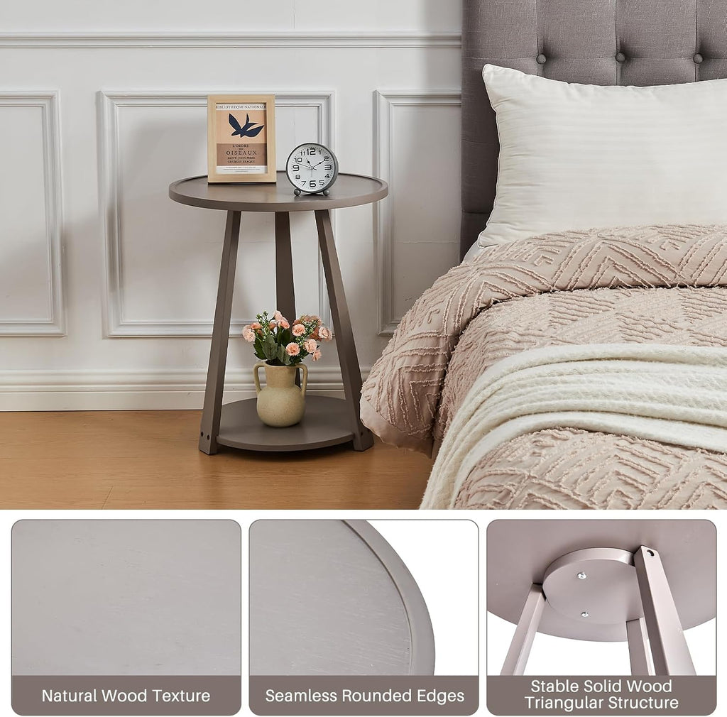 Solid Wood Round Side Table - Small Round Grey End Table, Wooden Modern Bedside Tables Living Room Nightstand with Shelf for Couch Sofa Armchair Bedroom, Gray, 19.6 in x 19.6 in x 23.6 in