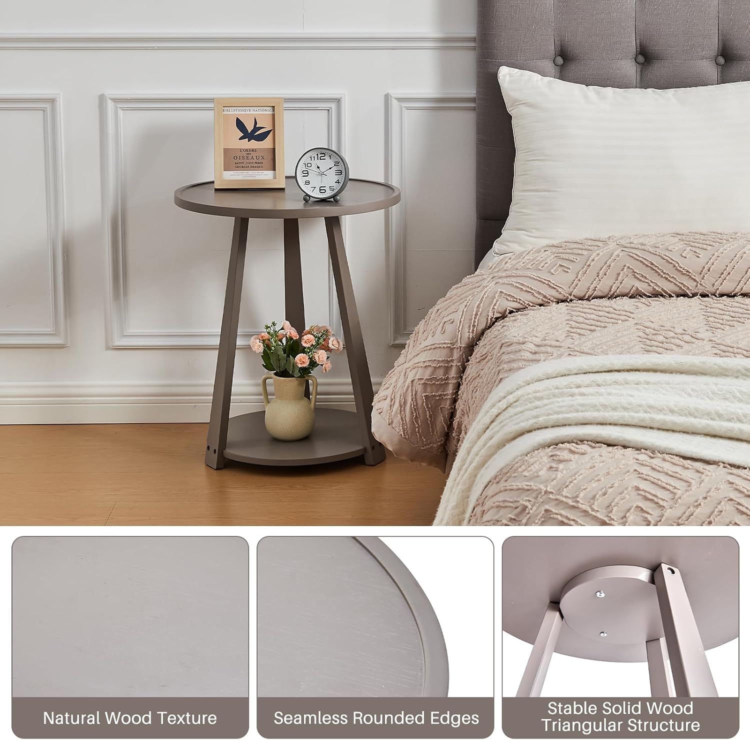 Solid Wood Round Side Table - Small Round Grey End Table, Wooden Modern Bedside Tables Living Room Nightstand with Shelf for Couch Sofa Armchair Bedroom, Gray, 19.6 in x 19.6 in x 23.6 in