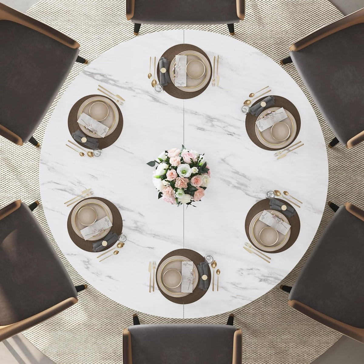 IBF 47" Round Dining Table with Storage, White Faux Marble Kitchen Tables for 4-6 People, Modern Dining Room Table with Fridge Space, Wood Circle Dinner Tables for Home, White Marble, Only Table
