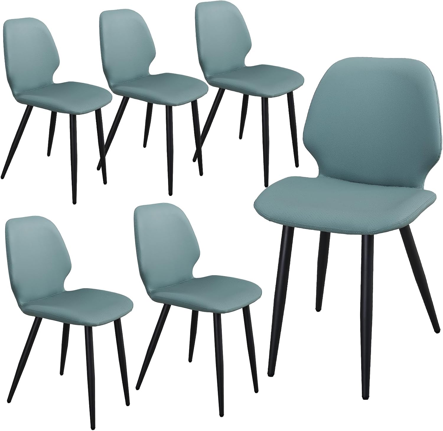 Leather Dining Chairs Set of 6, Mid Century Modern Dining Chairs Upholstered Kitchen Dining Room Chairs with Metal Legs Adjustable Feet for Living Room Lounge Restaurant, Comfortable Seat, Green