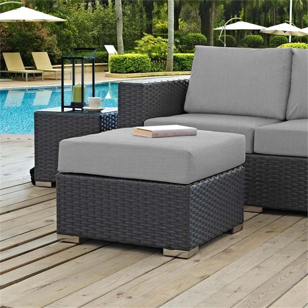 Bowery Hill Outdoor Patio Ottoman, 25 x 25 x 17.5 in, Synthetic Rattan Weave and Powder-Coated Aluminum, Canvas Gray Finish, Water and UV Resistant, Machine Washable Cushions, Backyard or Poolside Use