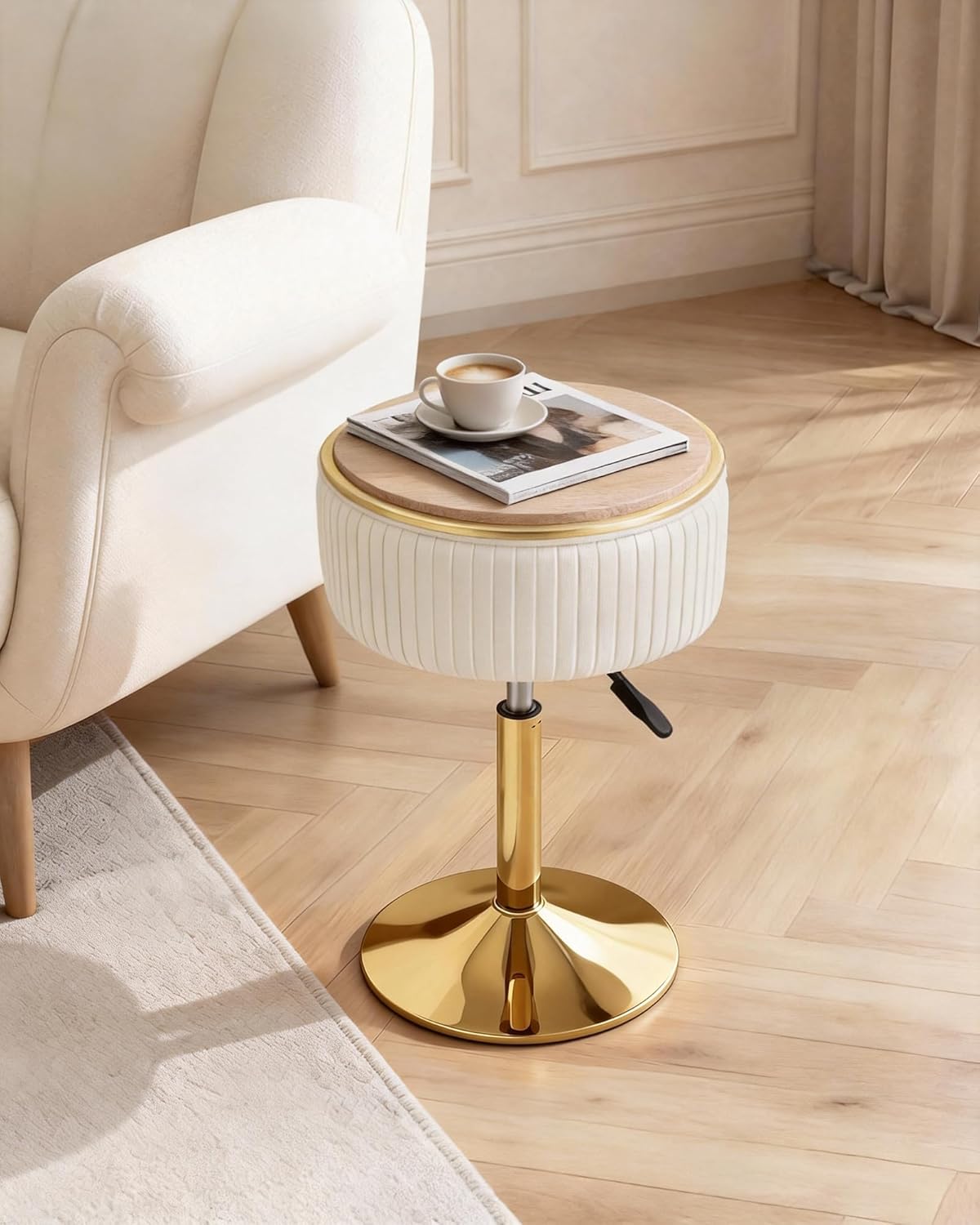 LITZFUR Adjustable Vanity Stool with Storage, 360° Swivel Gold Chair, Velvet Small Round Ottoman Footrest for Bathroom, Makeup Room, Beige
