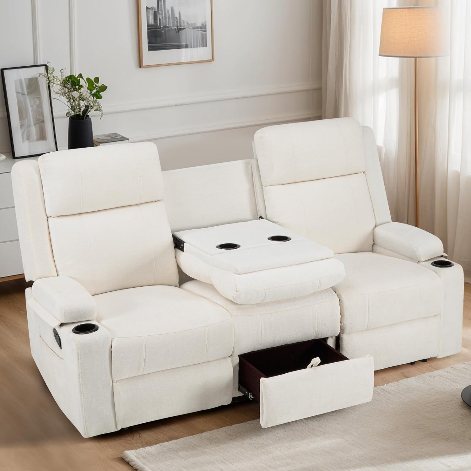 75'' Manual Reclining Sofa with Storage Drawer, 3 Seat Wall Hugger Recliner Couch with Cup Holders, Side Pockets, Chenille Fabric, Compact 3-Person Recliner for RV, Living Room, Apartment (Beige)