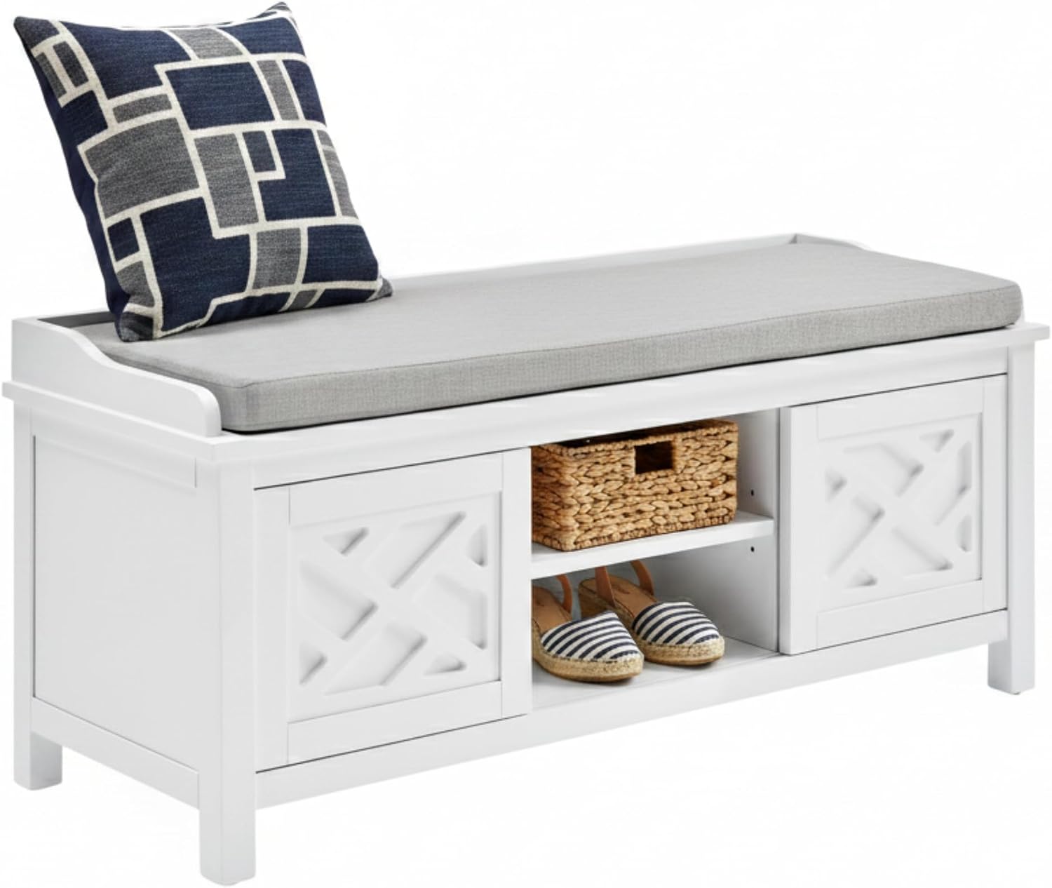 Coventry Modern Entryway Bench with Cushion – 45-Inch Storage Bench with 3 Cubbies, Adjustable Shelves & Decorative Side Panels for Mudroom or Hallway Seating by Alaterre Furniture (White)