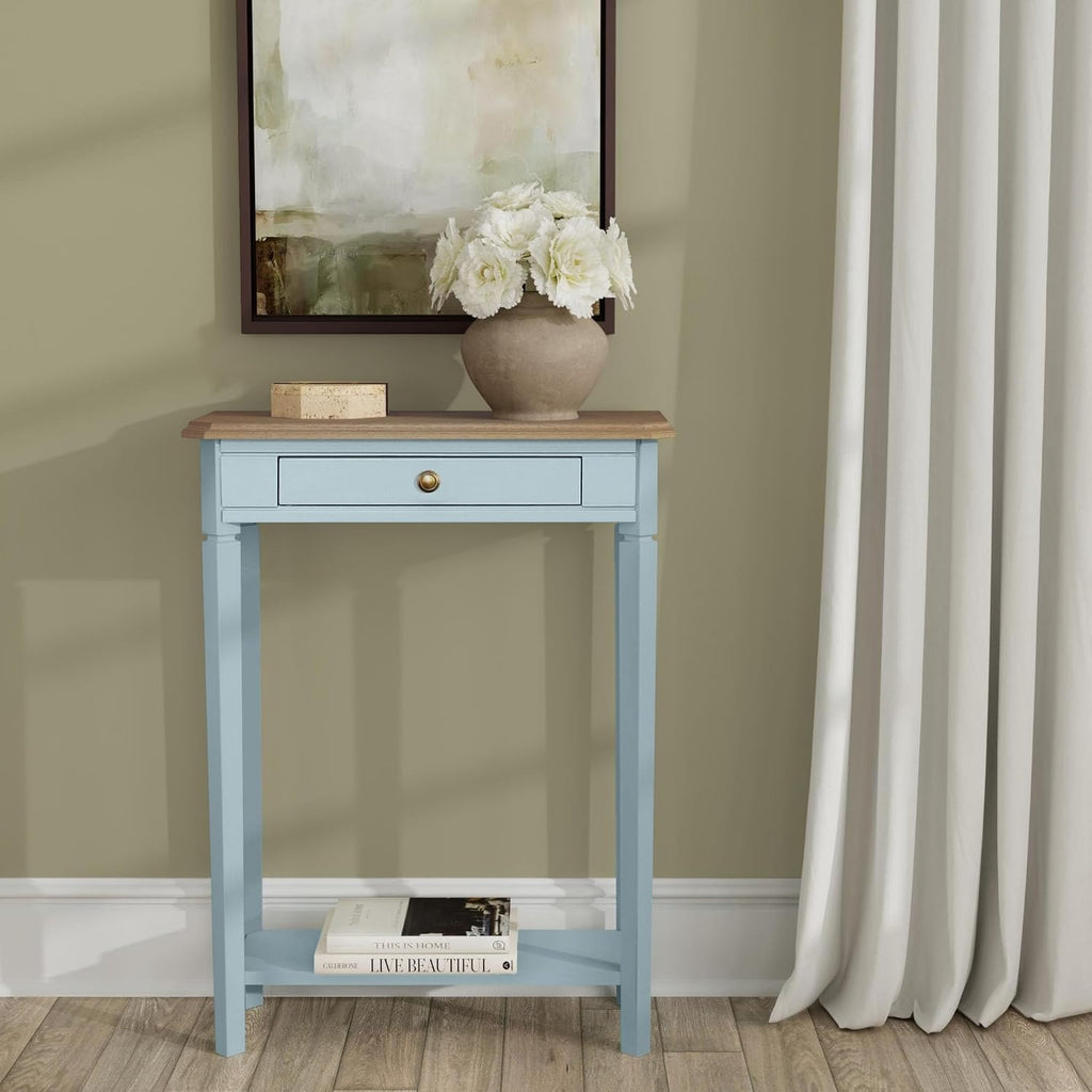 East at Main Marnie Blue Narrow Console Table for Entryway with Drawer | 23.75-inch slim hallway table with lower shelf, powder blue and natural wood finish, coastal furniture for small spaces