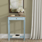 East at Main Marnie Blue Narrow Console Table for Entryway with Drawer | 23.75-inch slim hallway table with lower shelf, powder blue and natural wood finish, coastal furniture for small spaces