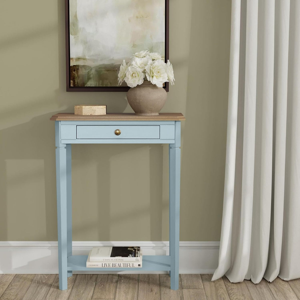East at Main Marnie Blue Narrow Console Table for Entryway with Drawer | 23.75-inch slim hallway table with lower shelf, powder blue and natural wood finish, coastal furniture for small spaces