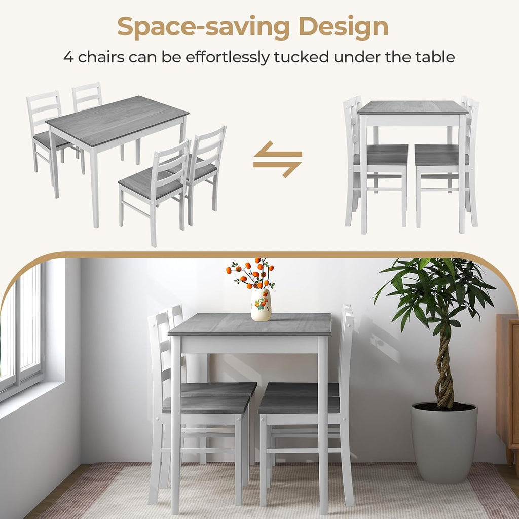 Tangkula Dining Table Set for 4, Farmhouse Solid Wood Dinette Set w/Rubber Wood Legs, Compact Wooden Dining Table and Chairs Set for Kitchen, Dining Room (Grey+White)