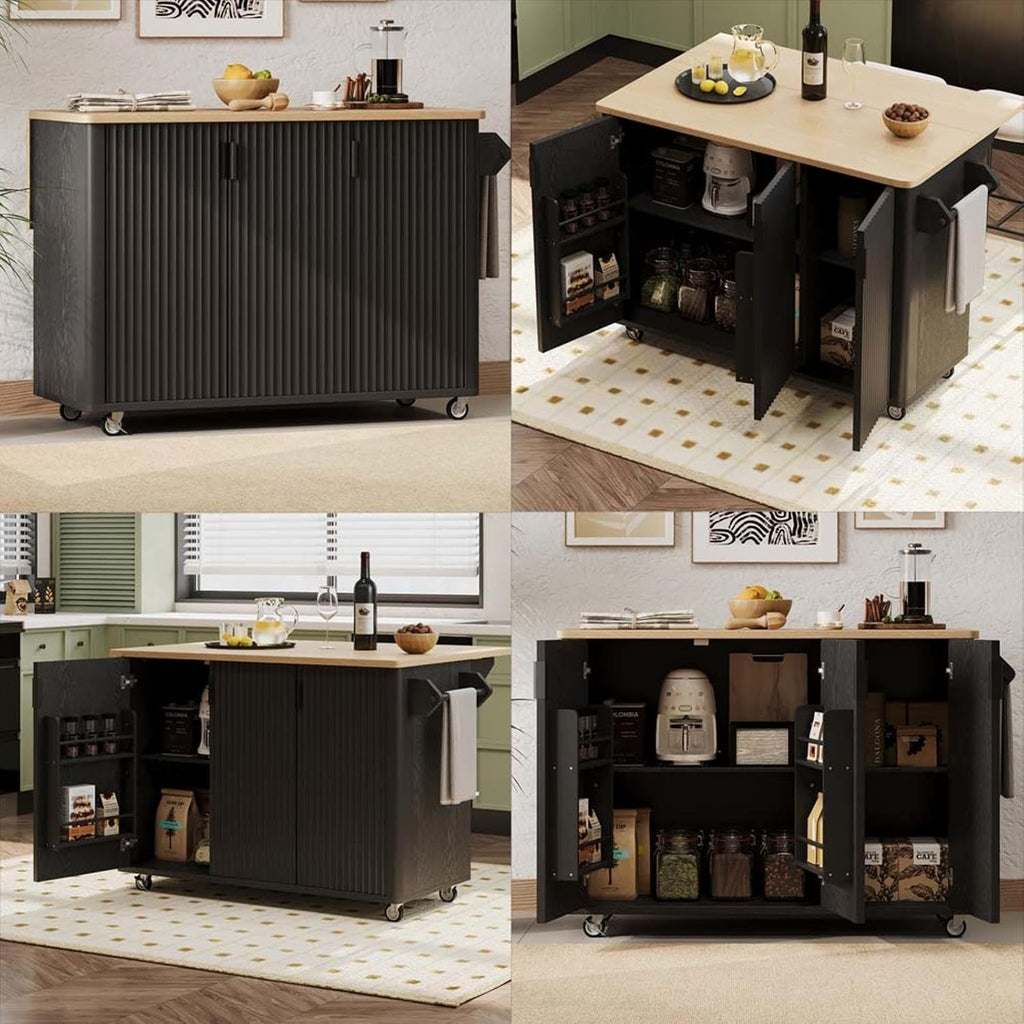 Kitchen Island with Drop Leaf with Drop Leaf Countertop with Storage and Dining Table, Kitchen Islands with Storage with Wheels Towel Rack， for Kitchen, Dining Room, Black