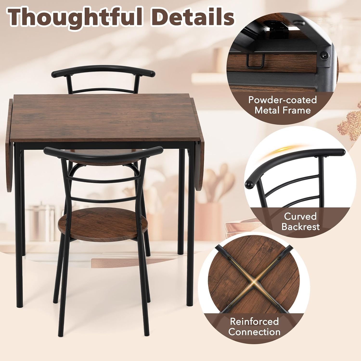 GOFLAME 3-Piece Drop Leaf Dining Table Set, Extendable Kitchen Breakfast Table with 2 Chairs, Space Saving Folding Dining Room Set for Home Kitchen, Apartment, Small Space, Rustic Brown