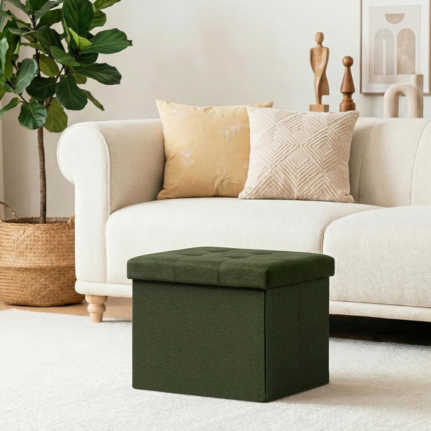 Folding Storage Ottoman, 16.5" Rectangular Footstool with Padded Tufted Lid, Collapsible Storage Footrest for Small Space, Living Room, Bedroom, Dorm, Olive Green