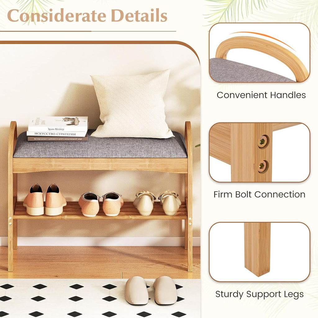 Giantex Shoe Rack Bench, Bamboo 2-Tier Entryway Bench with Padded Cushion, Shoe Storage Bench for Hallway, Closet, Foyer, Living Room, Bedroom, Mudroom