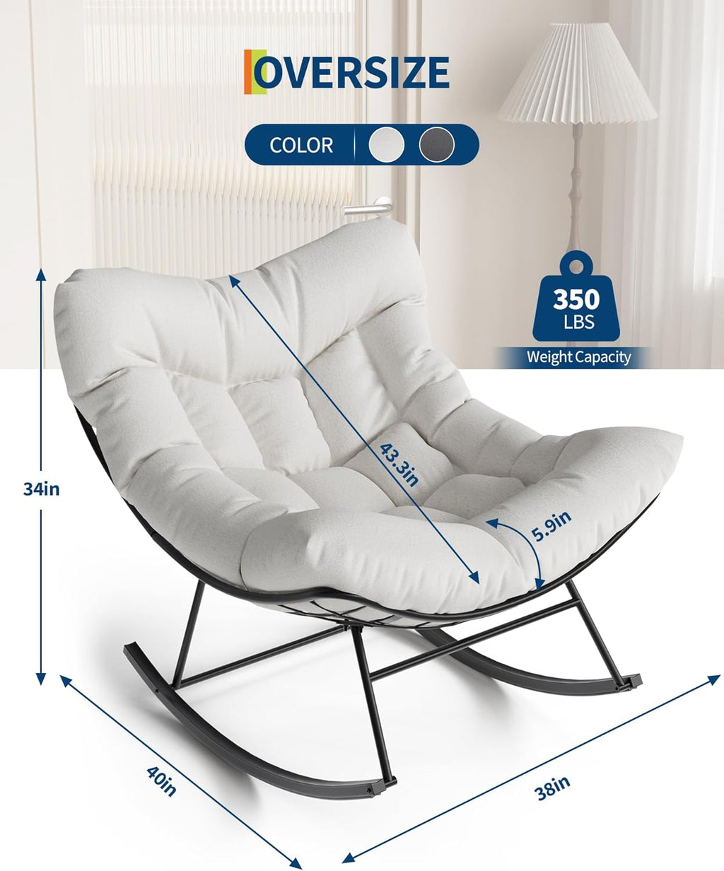 GarveeLife Outdoor Papasan Rocking Chair for Balcony Backyard Porch Bedroom | Oversized Rocking Chair with Sturdy Metal Frame, Patio Egg Rocker (White)