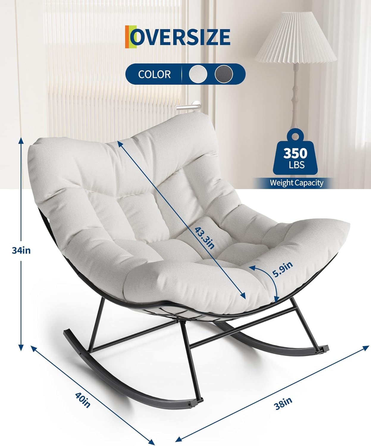 GarveeLife Outdoor Papasan Rocking Chair for Balcony Backyard Porch Bedroom | Oversized Rocking Chair with Sturdy Metal Frame, Patio Egg Rocker (White)