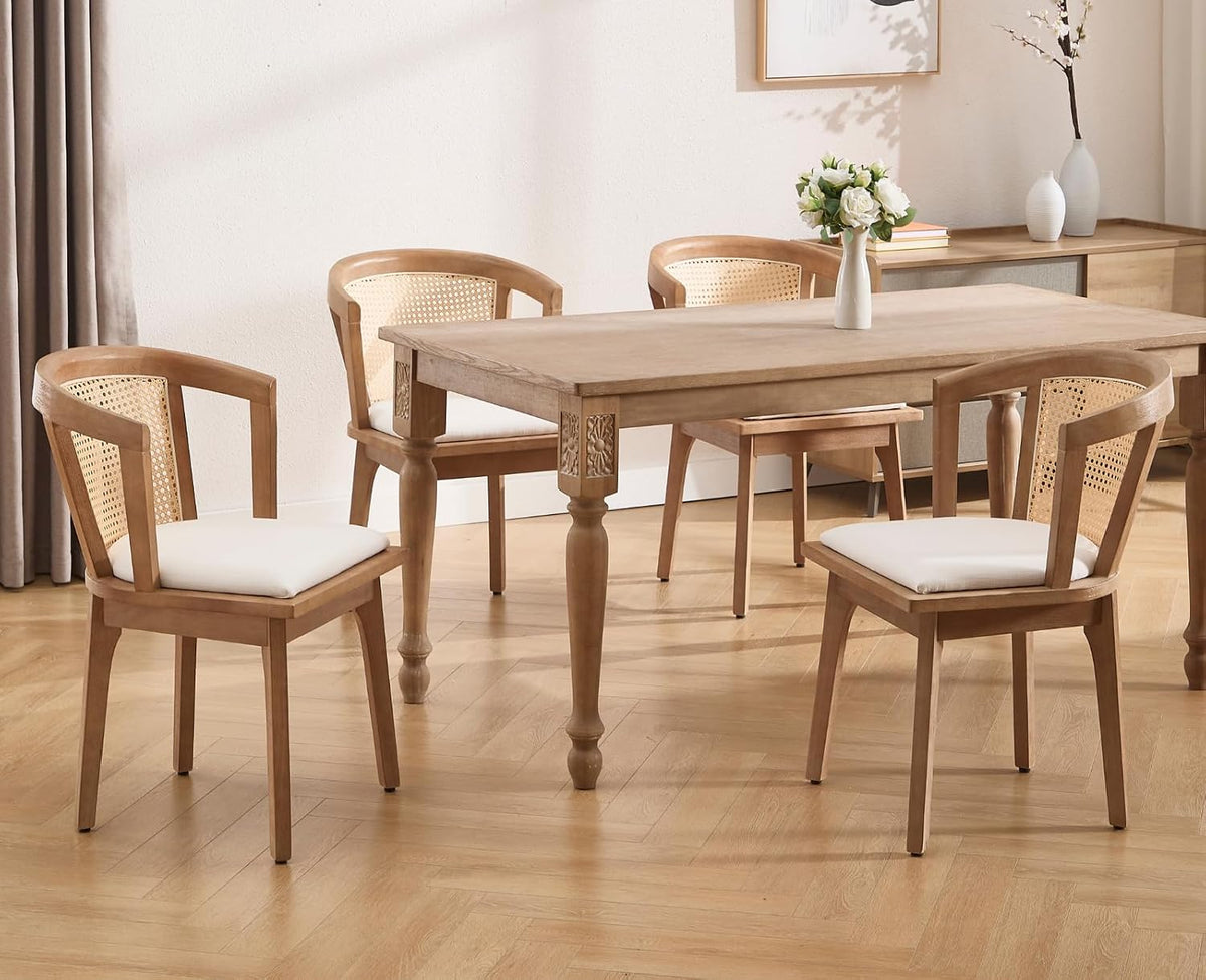 CIMOTA Mid-Century Modern Rattan Wood Dining Chairs Set of 8, Farmhouse Kitchen Chairs with Barrel Cane Backrest/Upholstered Seat/Natural Oak Finish for Dining Room/Cafe/Bistro, Linen Beige